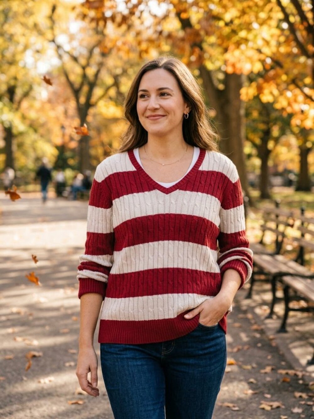 St. John’s Bay Red White Striped Cable Knit V-Neck Sweater XL